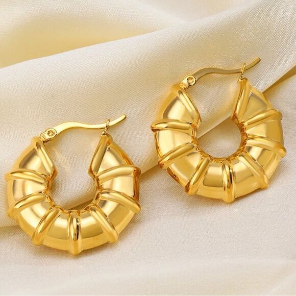 ZARA BAMBOO 18K GOLD FAMOUS DESIGNER HOOP EARRINGS - Picture 6 of 8